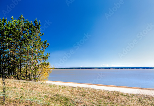 Fototapeta Naklejka Na Ścianę i Meble -  Green forest on the shore of the lake, sand on the shore, summer