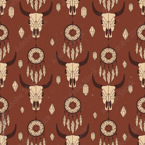 Tribal seamless pattern with skulls of animals and traps for dreams, hand drawn background. Decorative ethnic ornament, wallpaper vector. Colorful overlapping backdrop, good for printing