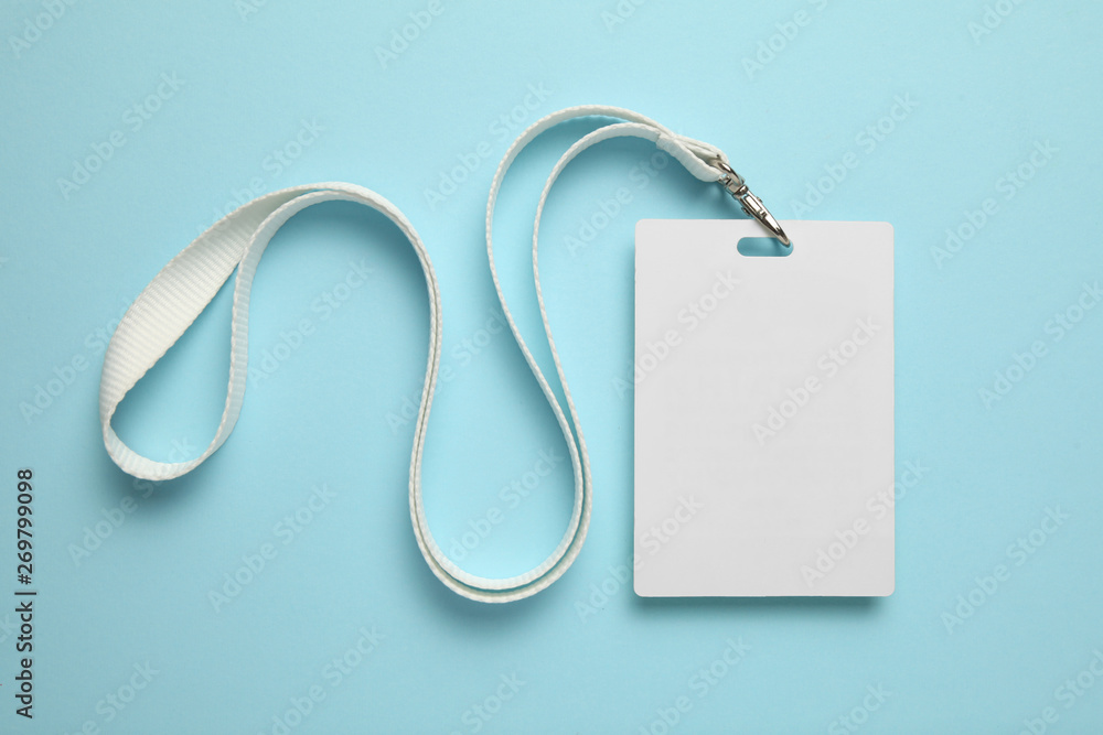 Name tag, badge mockup. Lanyard card blank on blue background. - obrazy, fototapety, plakaty 