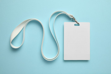 Name tag, badge mockup. Lanyard card blank on blue background.