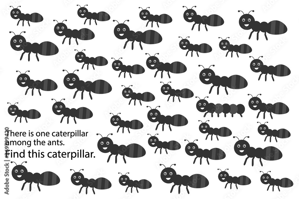 Find caterpillar among ants, spring fun education puzzle game for children, preschool worksheet activity for kids, task for the development of logical thinking and mind, vector illustration Find caterpillar among ants, spring fun education puzzle game for children, preschool worksheet activity for kids, task for the development of logical thinking and mind, vector illustration