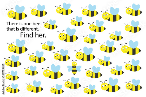 Find bee that different, spring fun education puzzle game for children, preschool worksheet activity for kids, task for the development of logical thinking and mind, vector illustration