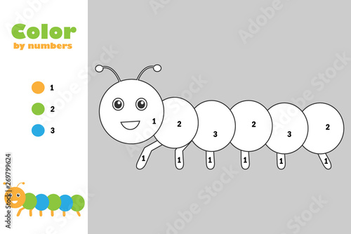 Caterpillar in cartoon style, color by number, education paper game for the development of children, coloring page, kids preschool activity, printable worksheet, vector illustration