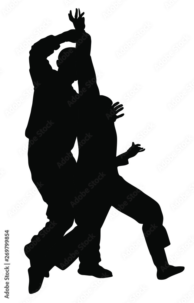 Self defense battle vector silhouette. Man fighting against aggressor with knife. Krav maga demonstration in real situation. Combat for life against terrorist. Army skill in action. Policeman arrest.