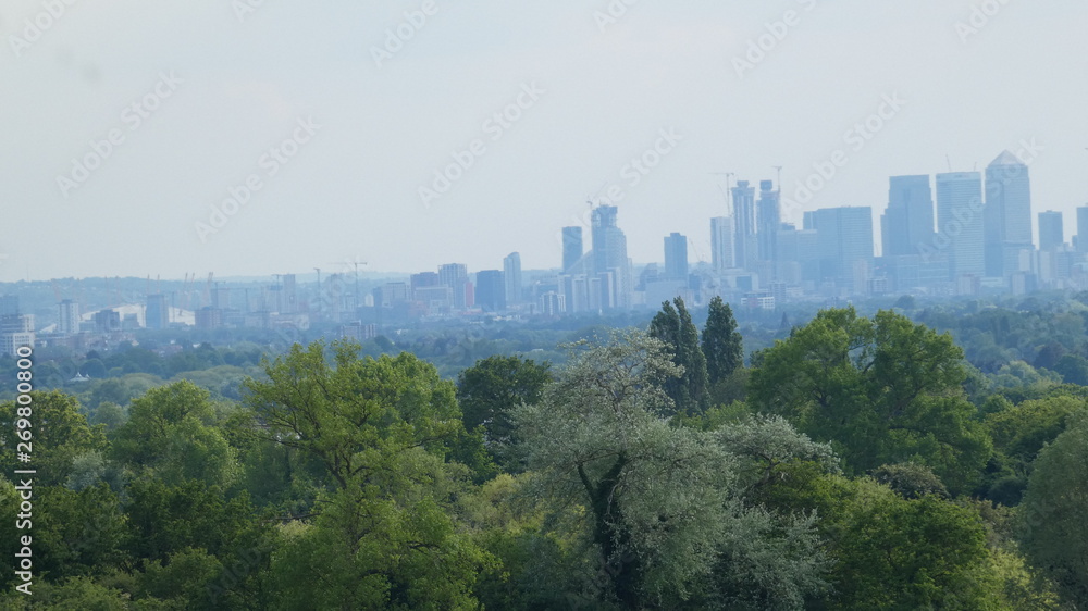 London Skyline rising from the forest The Shard and The O2 Arena