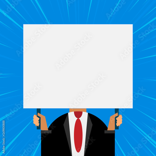 Just man chest dressed dark suit tie no face holding blank big rectangle