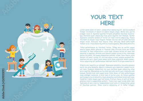 Group of smiling boys and girls standing next to big white tooth holding toothbrush showing healthy clean tooth encouraging teeth hygiene and care.