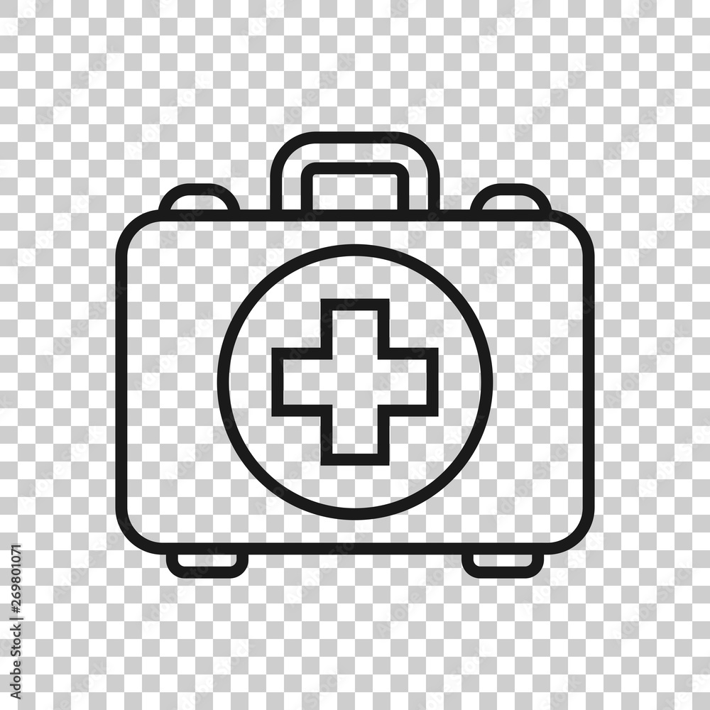 Obraz premium First aid kit icon in transparent style. Health, help and medical diagnostics vector illustration on isolated background. Doctor bag business concept.