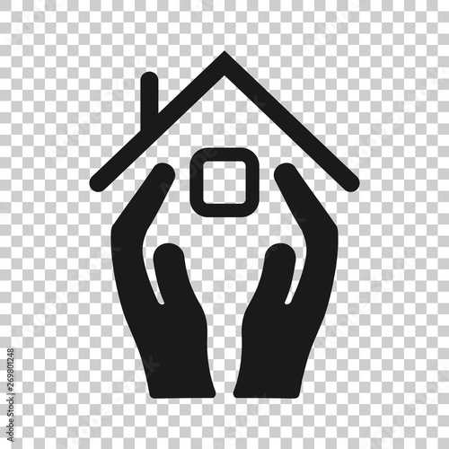 Home care icon in transparent style. Hand hold house vector illustration on isolated background. Building quality business concept.