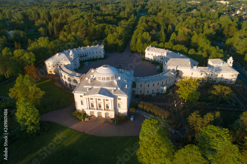 Aerial view of Pavlovsk Palace on a May evening. Pavlovsk, neighborhood of St. Petersburg