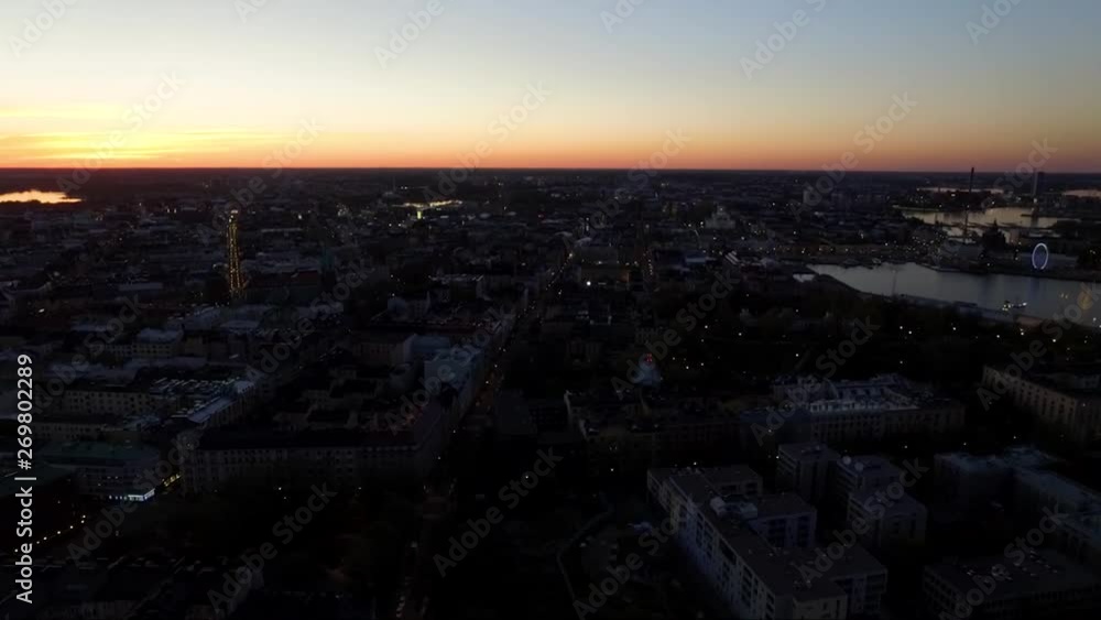 Drone flying over the city of Helsinki, Finland. City view. Evening and sunset. Drone flying over the city of Helsinki, Finland. City view. Evening and sunset.