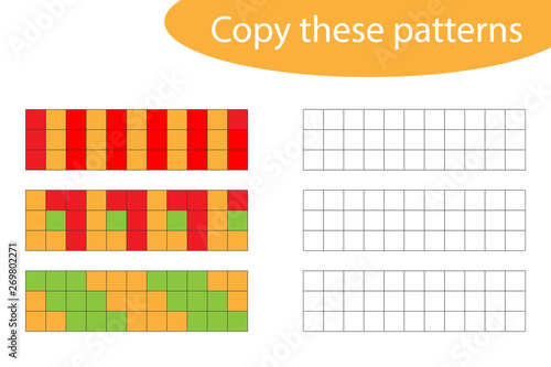 Copy these patterns, pixel art, drawing skills training, educational paper game for the development of children, kids preschool activity, printable worksheet, vector illustration
