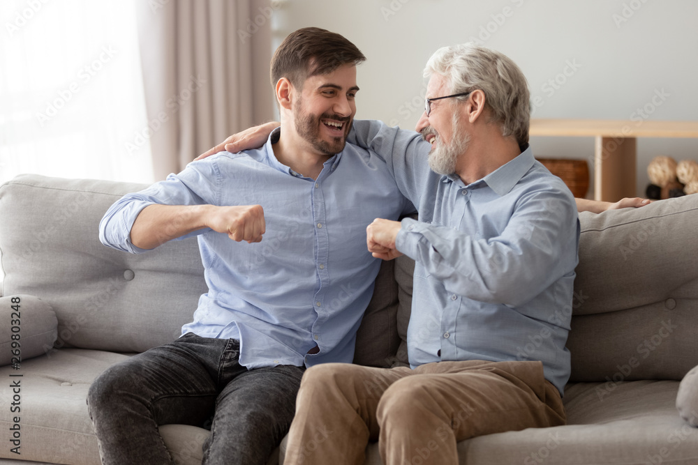 Happy grown son and senior dad relax at home together - obrazy, fototapety, plakaty 
