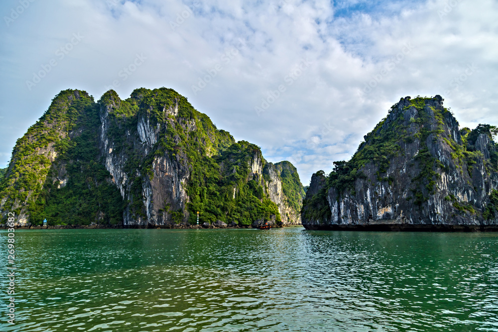 Panoramic view Halong bay islands sea landscape. Rock islands So Panoramic view Halong bay islands sea landscape. Rock islands So