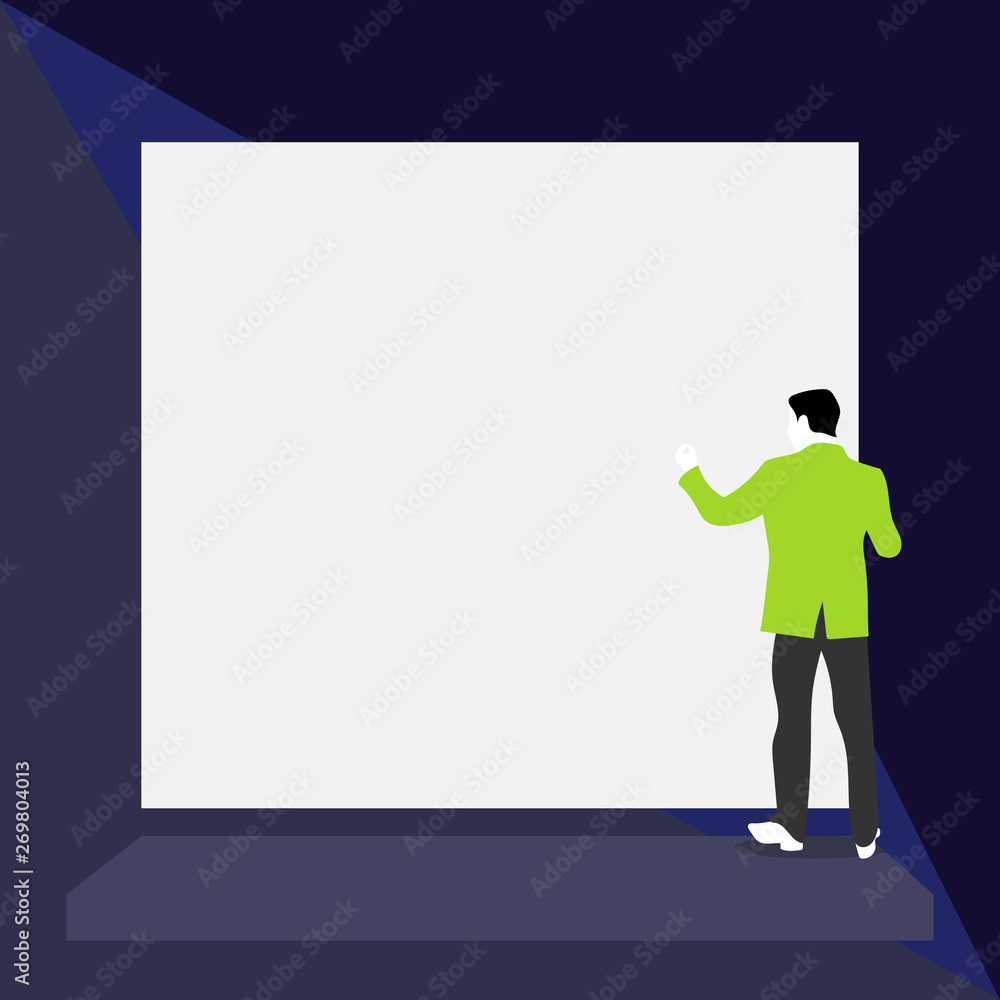 Back view young man dressed suit standing platform facing blank rectangle Back view young man dressed suit standing platform facing blank rectangle