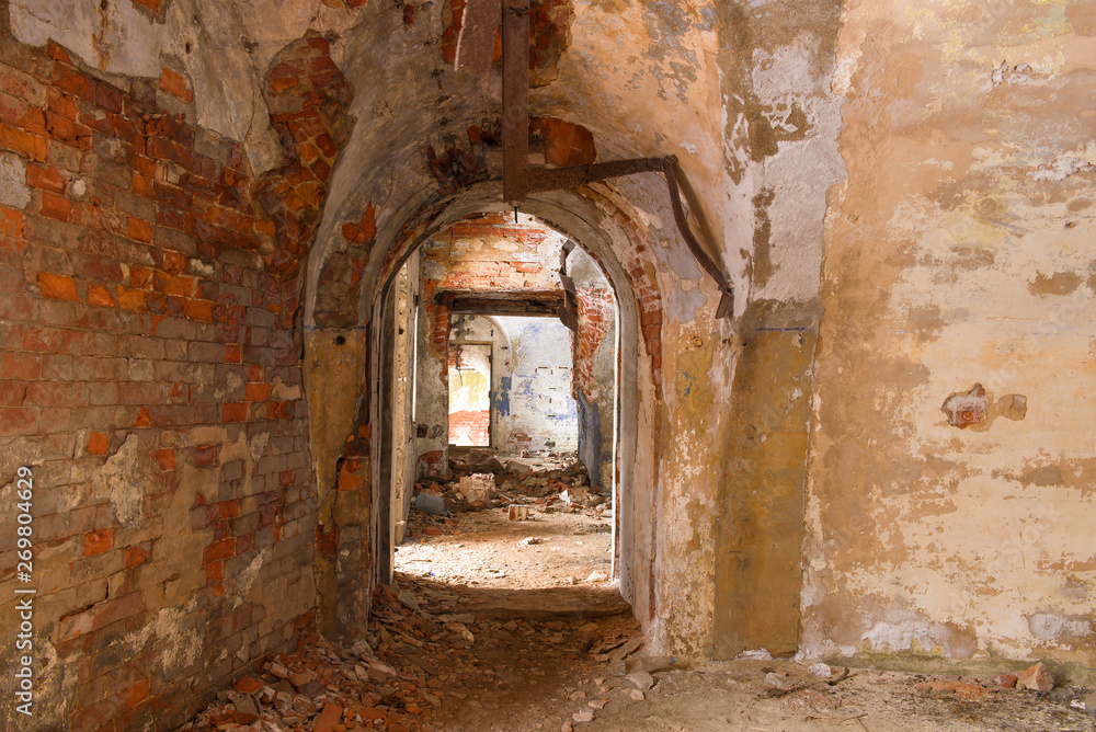 Interior of internal rooms of the destroyed and thrown Northern fort. Kronstadt, Russia