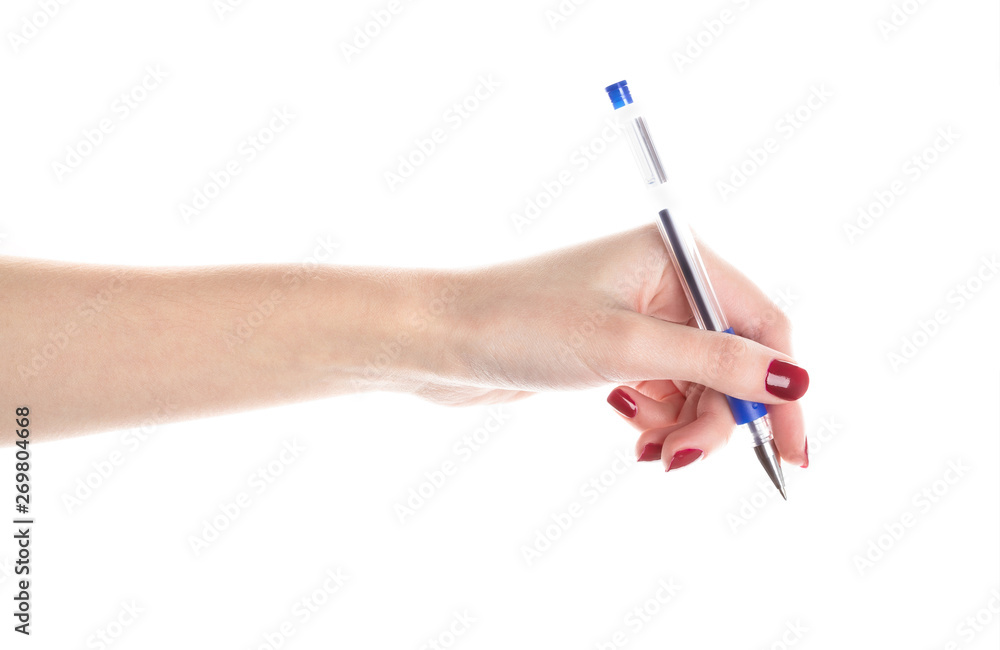 Female hands hold a pen� isolated on white background. Ball pen Female hands hold a pen� isolated on white background. Ball pen