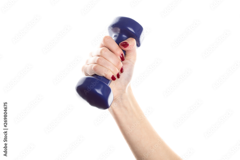 Woman's hand holding dumbbell isolated on white background. Close up, concept of healthy lifestyle Woman's hand holding dumbbell isolated on white background. Close up, concept of healthy lifestyle