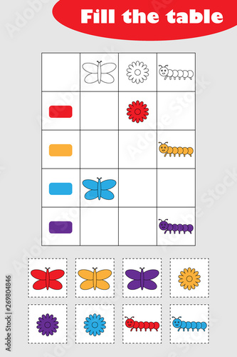 Fill the table with colorful spring pictures for children, fun education game for kids, preschool worksheet activity, task for the development of logical thinking, vector illustration