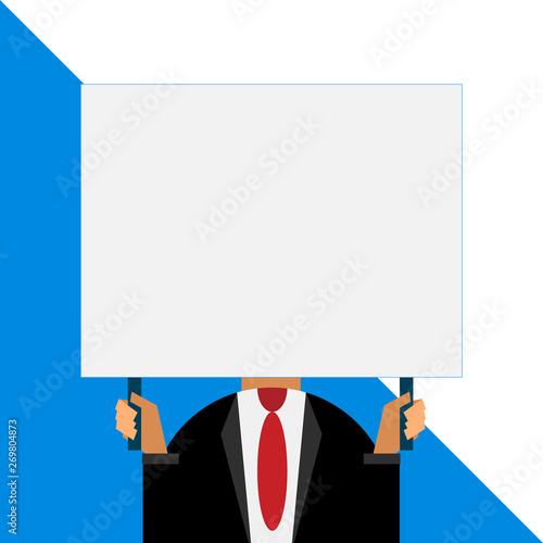 Just man chest dressed dark suit tie no face holding blank big rectangle