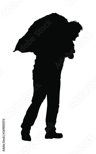 A man carries sack on shoulder vector silhouette. Toiler worker. Tired sweats construction worker with bag on back. Hard worker on farm. Baggage hand transport. Laborer hands transportation method