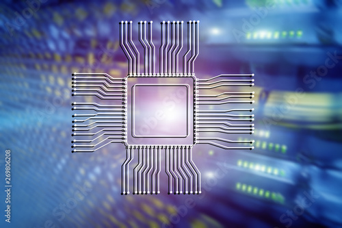 Fototapeta CPU chip logo on blurred abstract server room background. Technology concept.