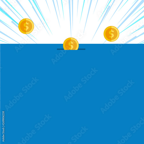 Front view close up three penny coins icon one entering collecting box slot