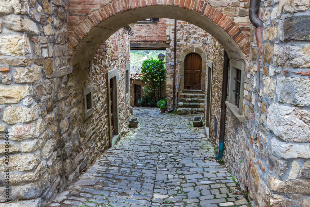 streets and buildings in Montefioralle old village in Tuscany