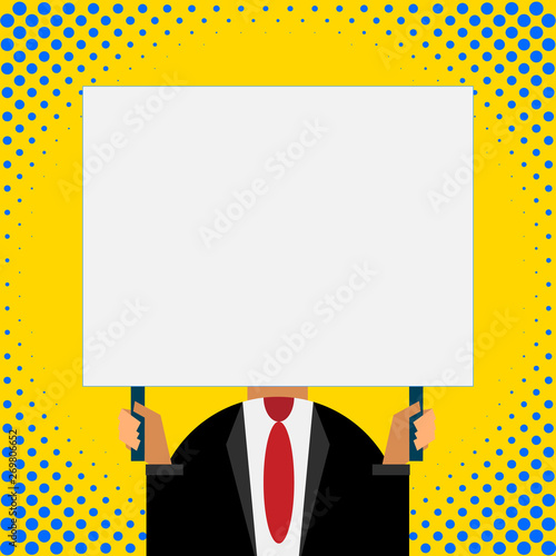 Just man chest dressed dark suit tie no face holding blank big rectangle