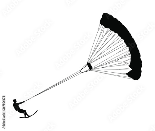 Man riding kiteboard vector silhouette. Extreme water sport kiteboarding with parachute. Kite surfer on waves. Kite surfing on beach, enjoying in summer holiday time. Kitesurfer.