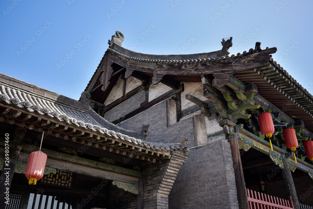 Ancient Chinese Architectural Gateway Wall under Clear Sky and White Cloud, Pingyao County, Jinzhong City, Shanxi Province, China Ancient Chinese Architectural Gateway Wall under Clear Sky and White Cloud, Pingyao County, Jinzhong City, Shanxi Province, China