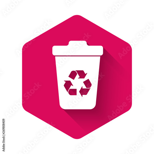 White Recycle bin with recycle symbol icon isolated with long shadow. Trash can icon. Garbage bin sign. Recycle basket sign. Pink hexagon button. Vector Illustration