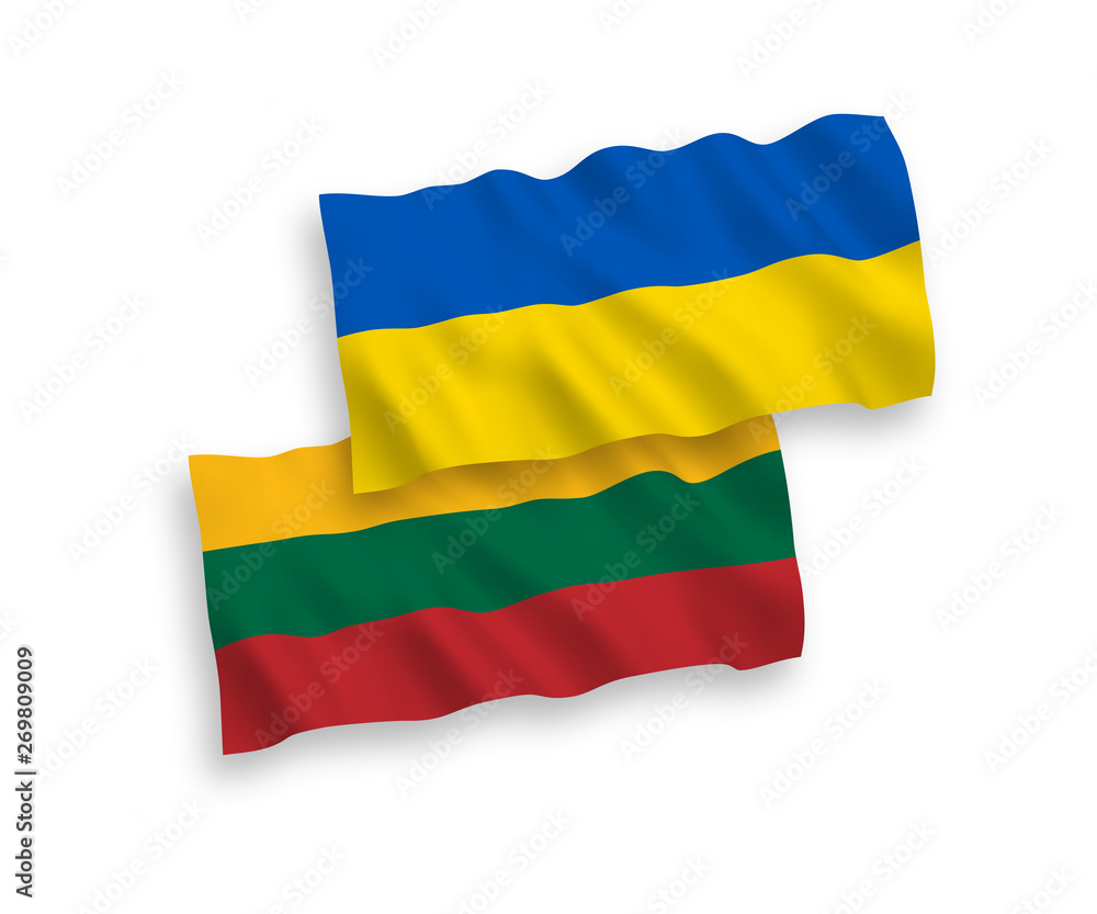 Obraz premium National vector fabric wave flags of Lithuania and Ukraine isolated on white background. 1 to 2 proportion.