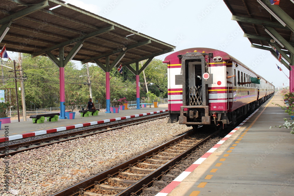 Saraburi Province, Thailand - February 15, 2019: Take a train to travel to Wat Phra Phutthabat. The temple has a footprint of Buddha. Saraburi Province, Thailand - February 15, 2019: Take a train to travel to Wat Phra Phutthabat. The temple has a footprint of Buddha.
