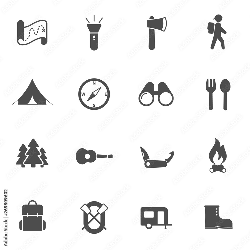 summer camping vector icons set isolated on white background. summer camping recreation concept. camping flat icons for web and ui design.