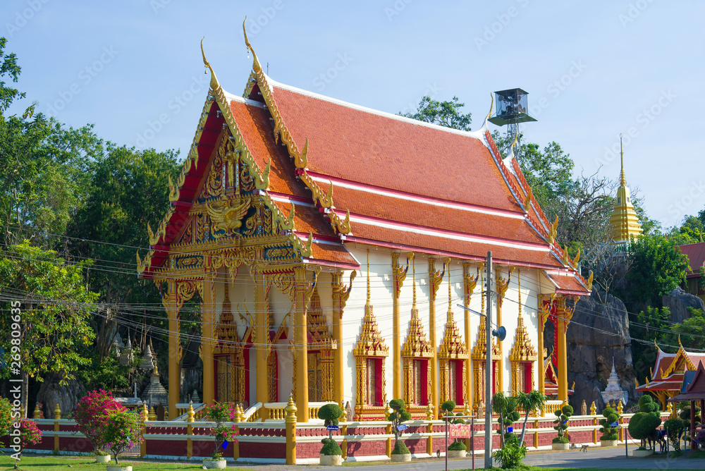 Vihara of the Buddhist temple Wat Bun Tawee (Wat Tumklaeb) close-up on a sunny day