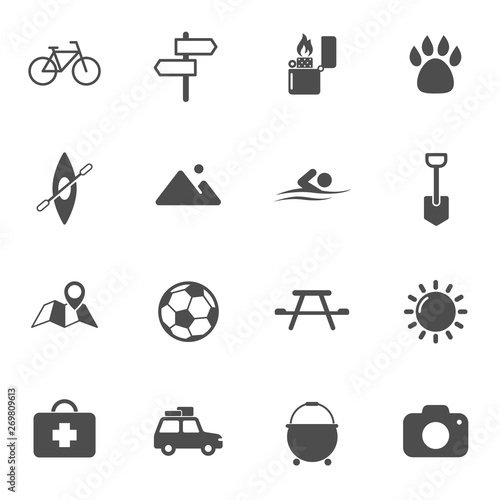 camping flat icons for web and ui design. summer camping vector icons set isolated on white background. summer camping recreation concept