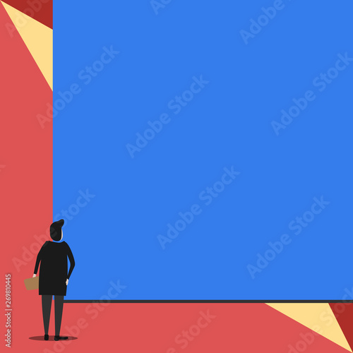 Back view young woman watching blank big rectangle. Geometrical background