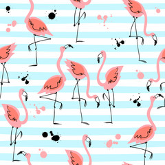 Fototapete Flamingomuster Flamingos auf gestreiftem Hintergrund Sommer  © Olga