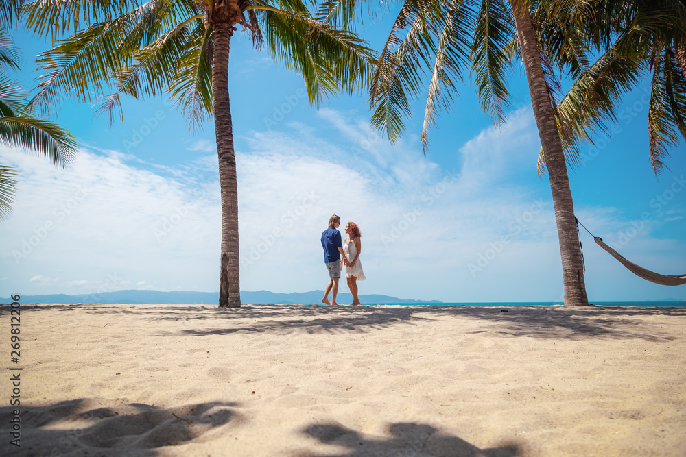 Beautiful young couple walking along the seashore amid a bright tropical beach Beautiful young couple walking along the seashore amid a bright tropical beach
