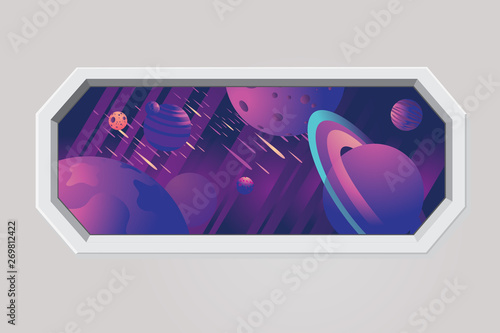 Space ship porthole. Futuristic window with galaxy sky, stars and planet. Rocket vector interior. Cosmic travel background.