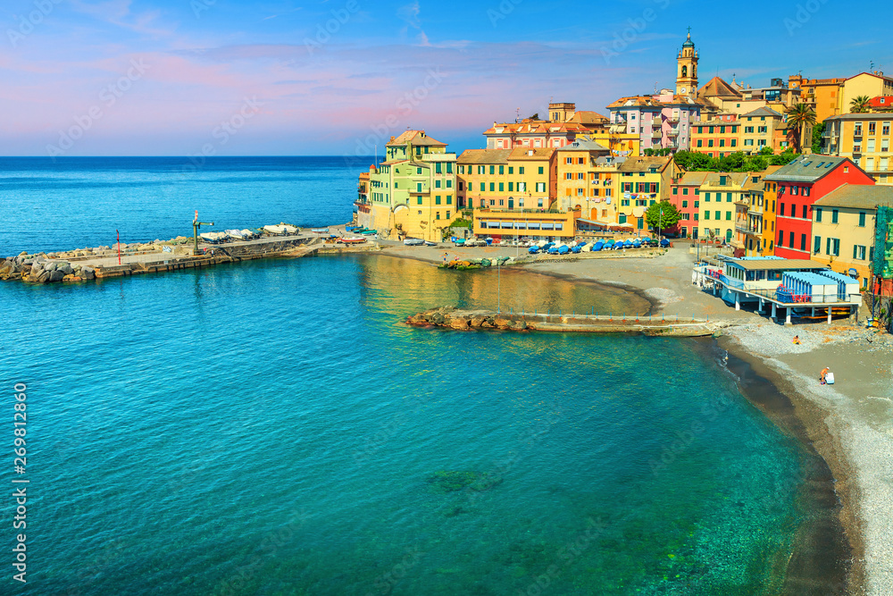 Panoramic mediterranean coastline with popular Bogliasco resort, Liguria, Italy, Europe
