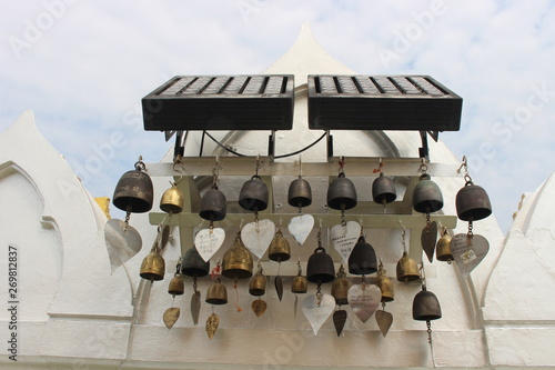 Bangkok Province, Thailand - February 3, 2019: Many small bells at Wat Sraket Rajavaravihara (Golden Mount).  photo