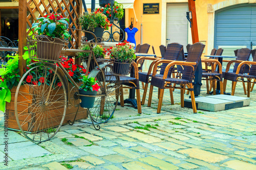 Mediterranean street cafe bar in Rovinj city center, Croatia, Europe