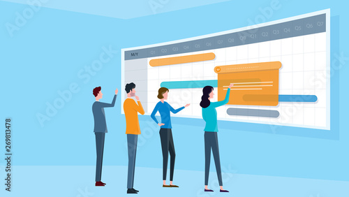 business team meeting on project schedule monitor and business planning concept 