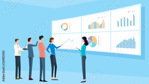 flat illustrations business analytic team meeting and  finance project training concept