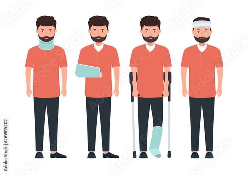 Man with various types of injuries. Character with  broken leg, arm and neck in cast.