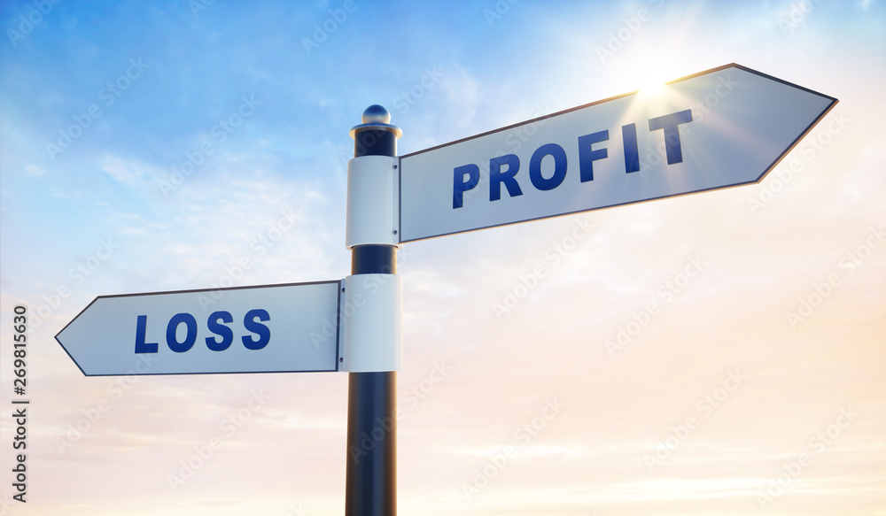 Obraz premium Wegweiser Verlust - Gewinn in Abendsonne