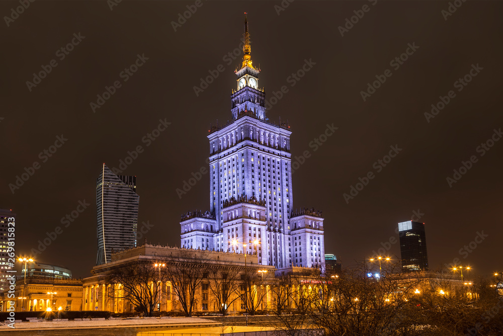 Palace of Culture and skyscrapers in Warsaw at night