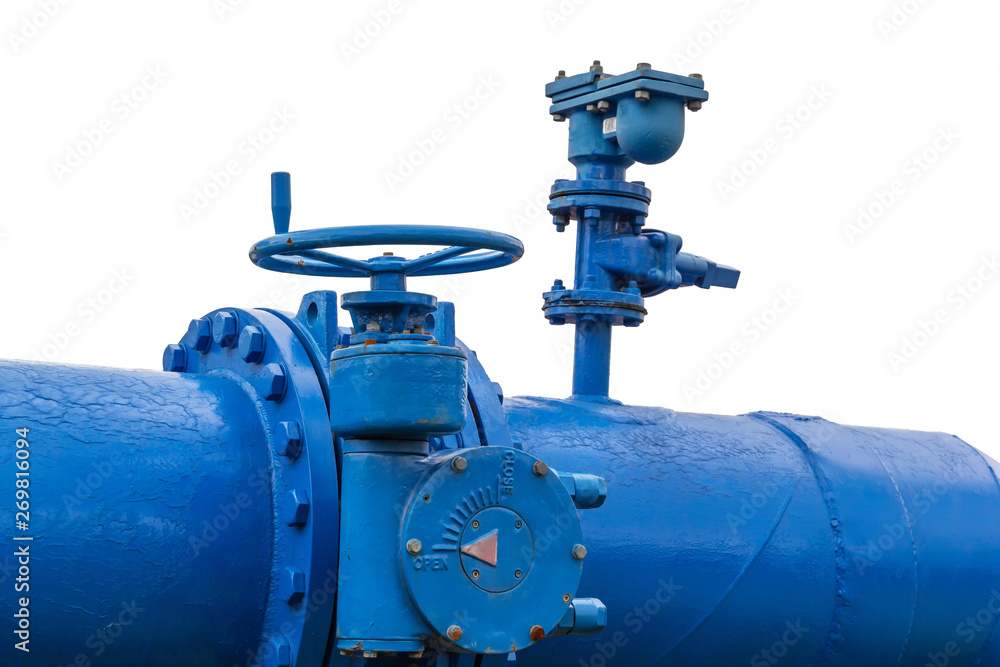 Old blue pipeline with valve isolated on white background Old blue pipeline with valve isolated on white background